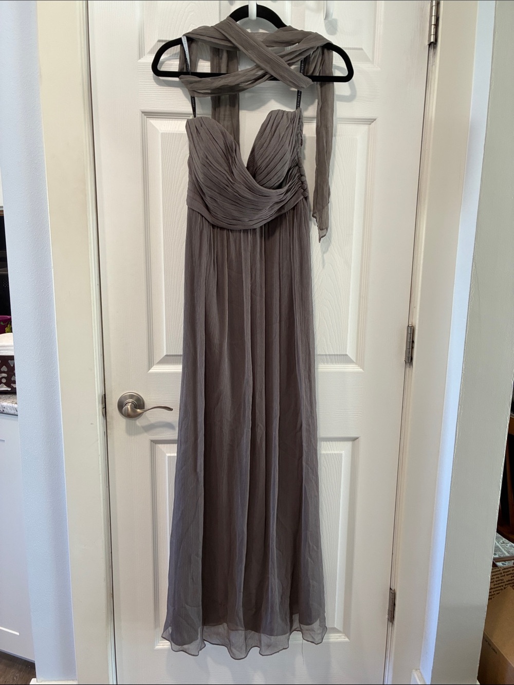 Jenny Yoo Taupe Chiffon Draped Maxi with Scarf Wrap